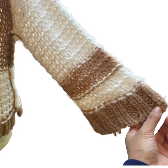 Free People Monaco Cream & Tan Striped Open-Knit Oversized Sweater XS - Picture 7 of 11